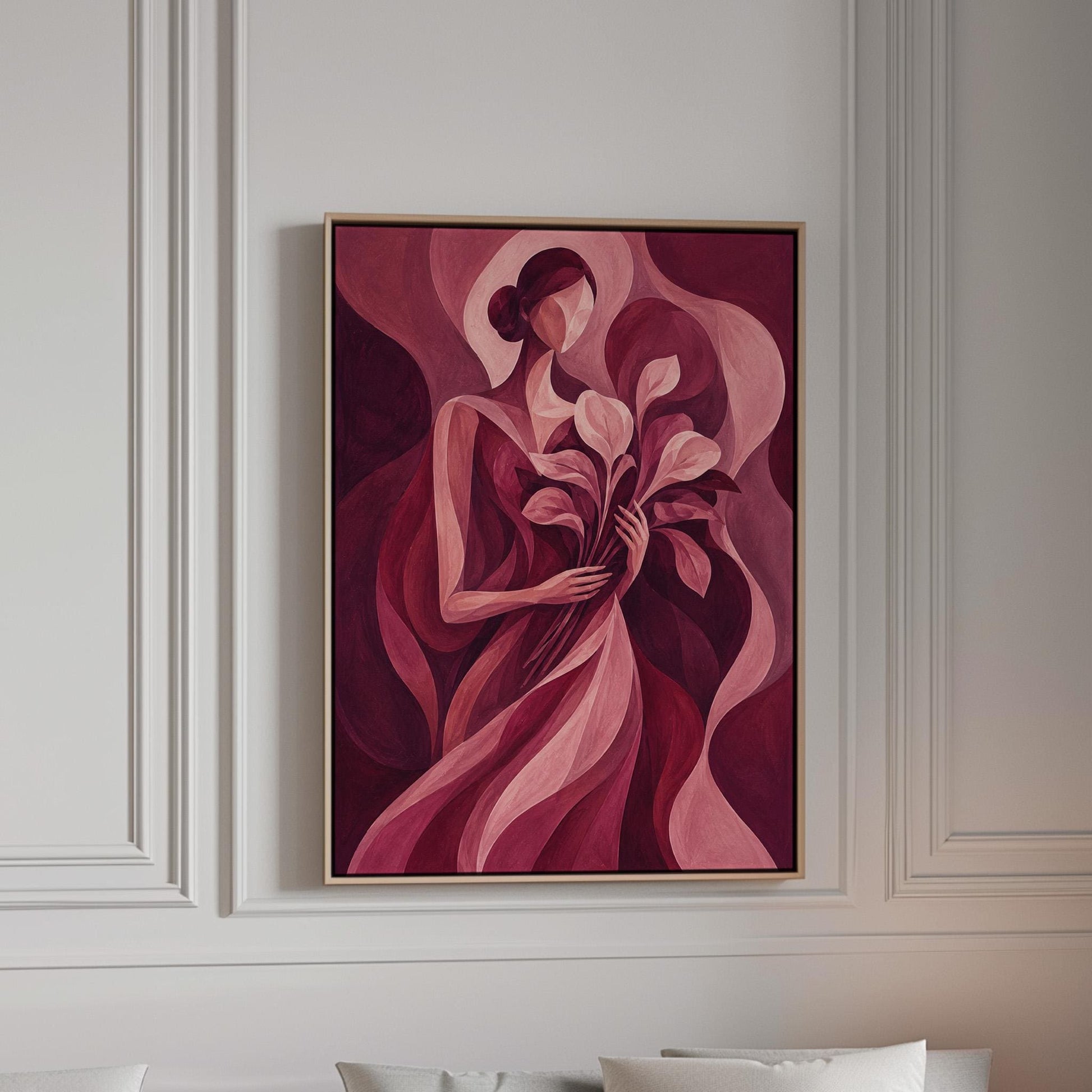 Woman holding tulips among burgundy waves, canvas print in a bright room with natural daylight