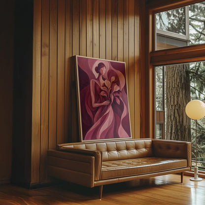Woman holding tulips among burgundy waves, canvas print hanging in a calm, modern living space