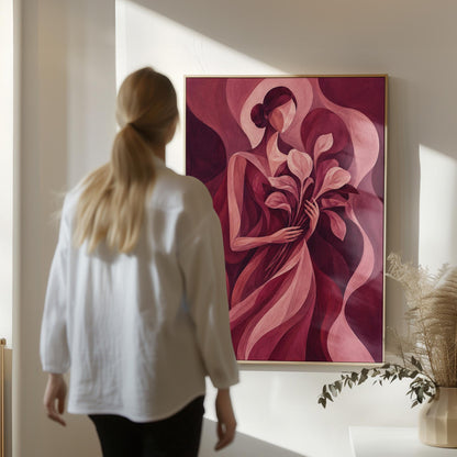 Woman holding tulips among burgundy waves, canvas print seen in a warm interior with natural light