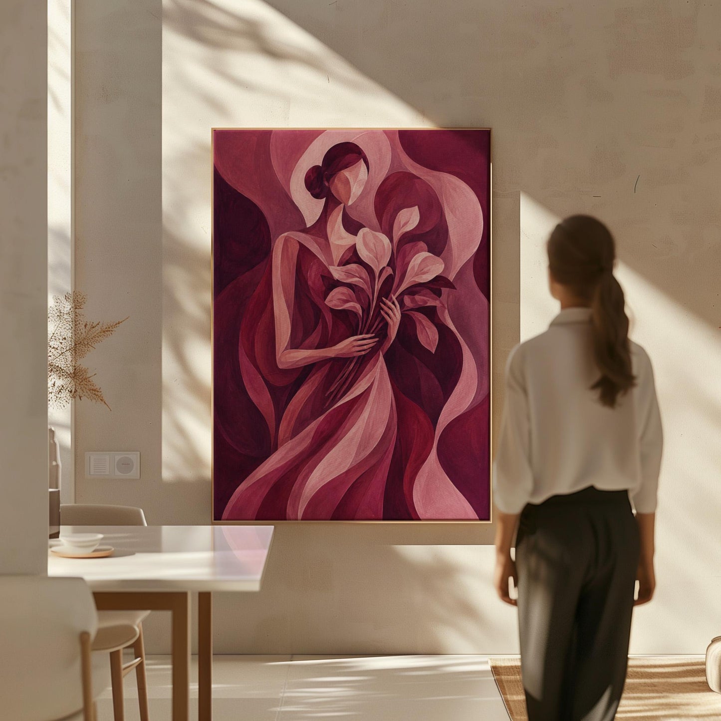 Woman holding tulips among burgundy waves, canvas print displayed on a neutral wall in a styled interior
