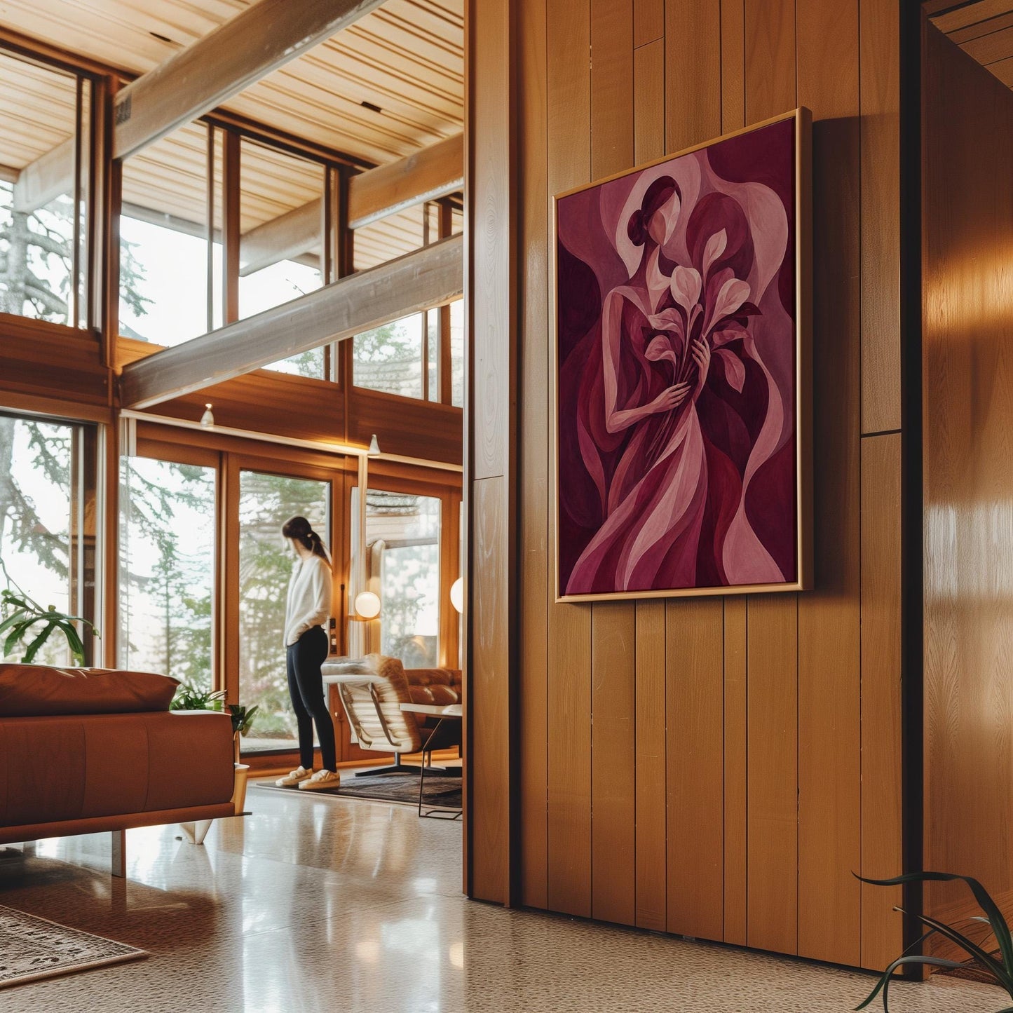 Woman holding tulips among burgundy waves, canvas wall art presented in a light, minimal room