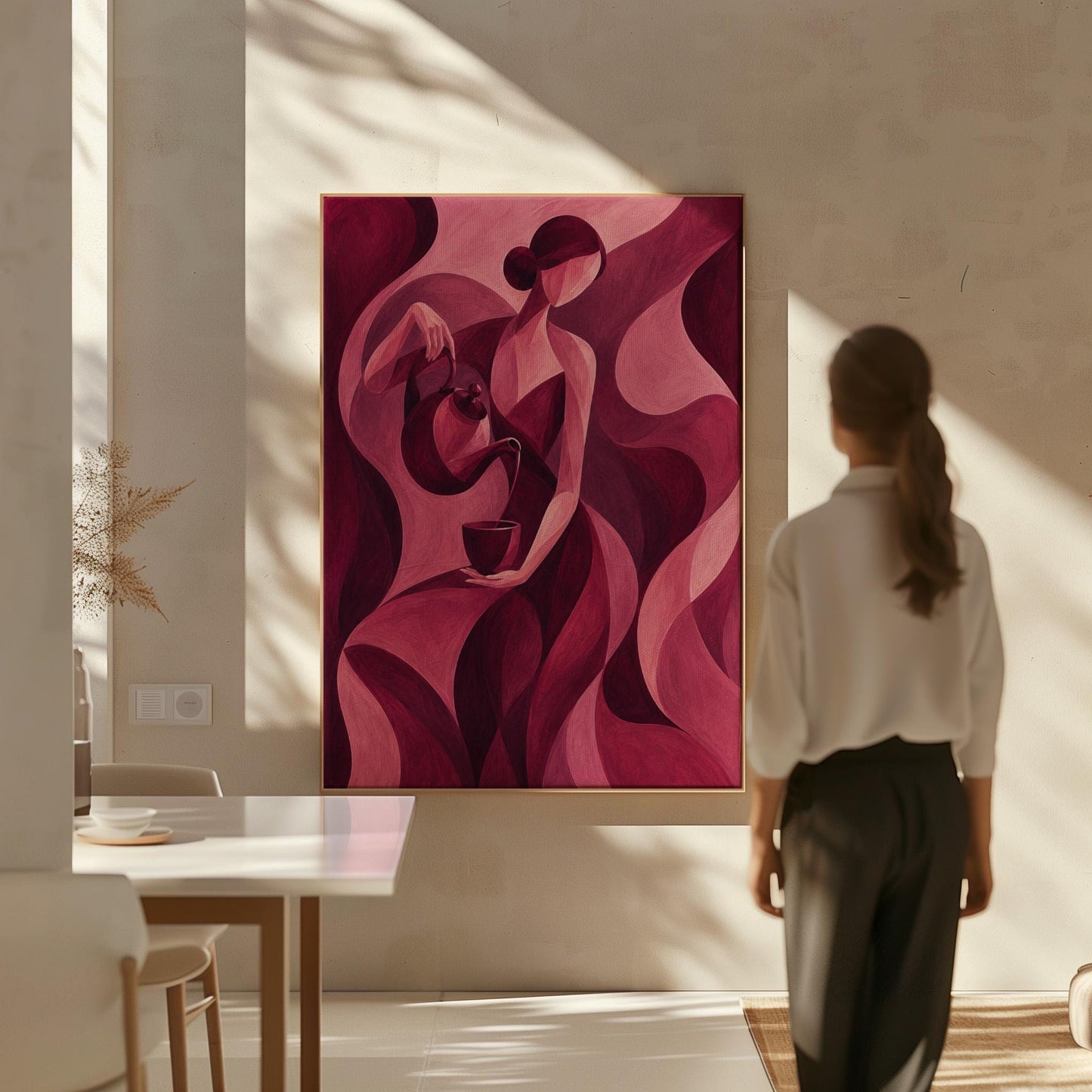 Woman pouring tea in flowing burgundy deco style, canvas print styled against a soft white wall