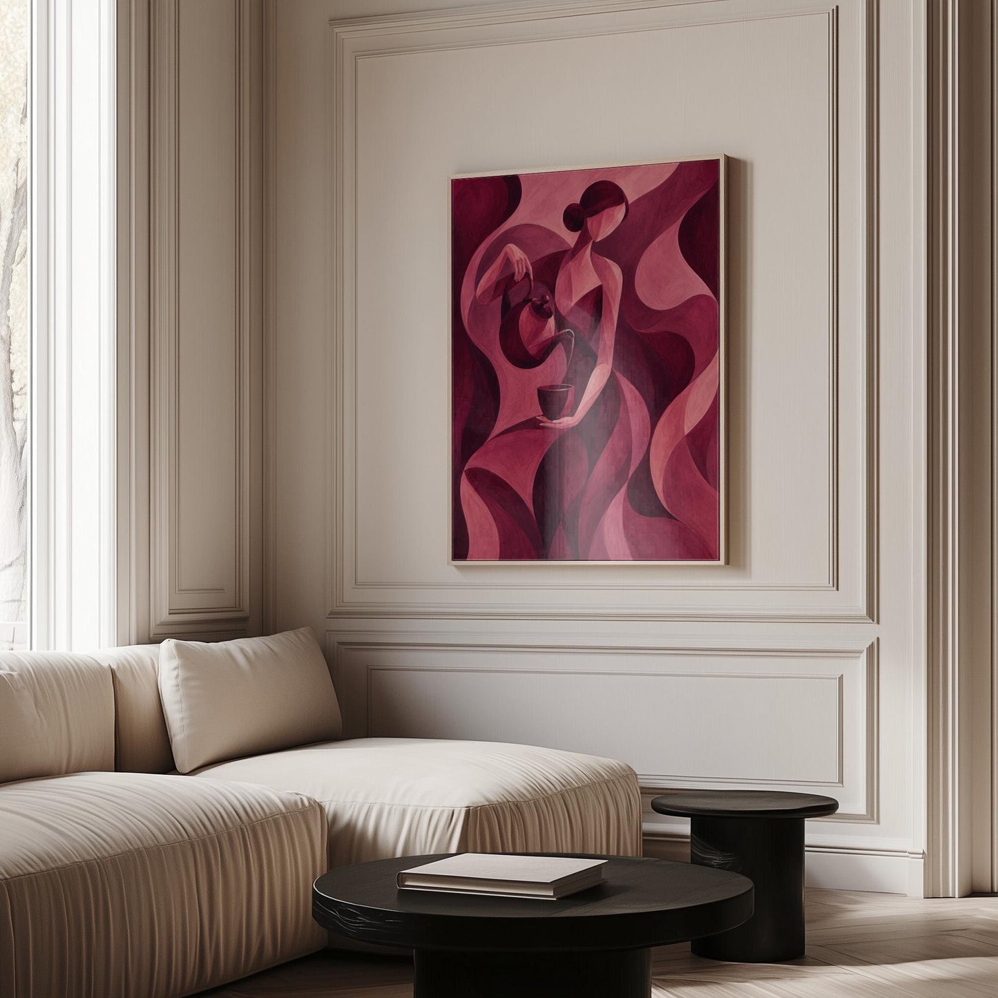 Woman pouring tea in flowing burgundy deco style, canvas print seen in a warm interior with natural light