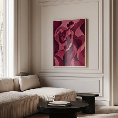 Woman pouring tea in flowing burgundy deco style, canvas print seen in a warm interior with natural light
