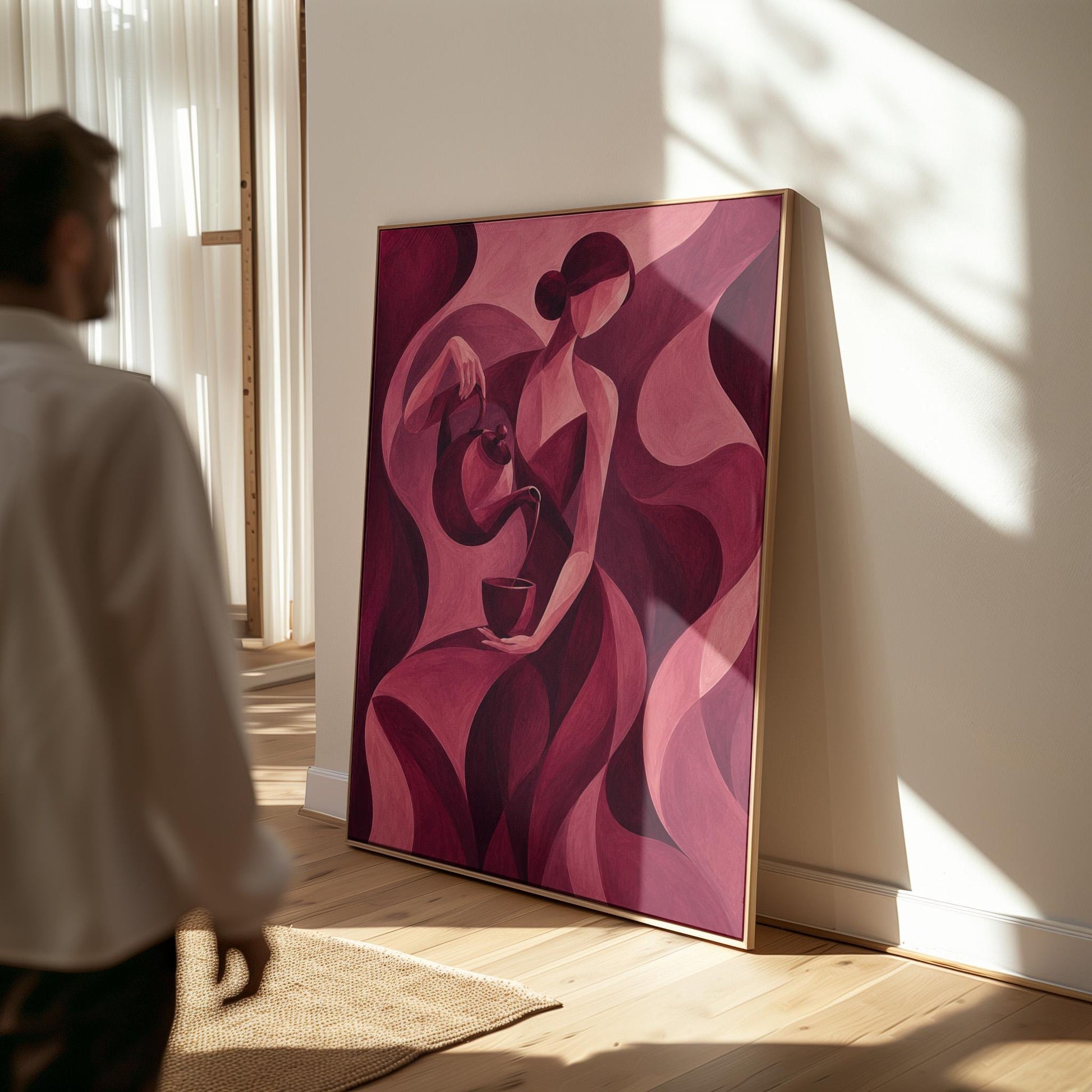 Woman pouring tea in flowing burgundy deco style, canvas print on a quiet wall in a considered interior