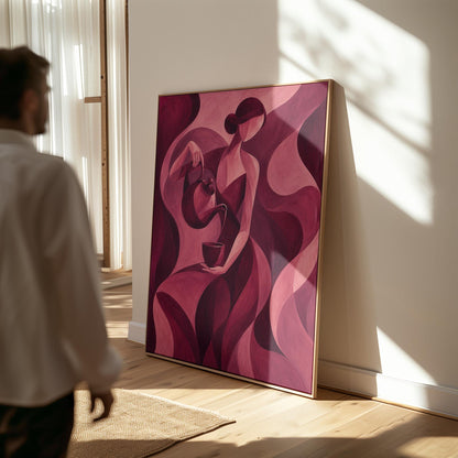 Woman pouring tea in flowing burgundy deco style, canvas print on a quiet wall in a considered interior