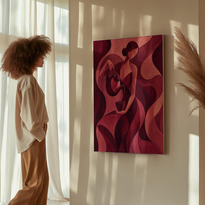 Woman pouring tea in flowing burgundy deco style, canvas print shown in a sunlit, contemporary room