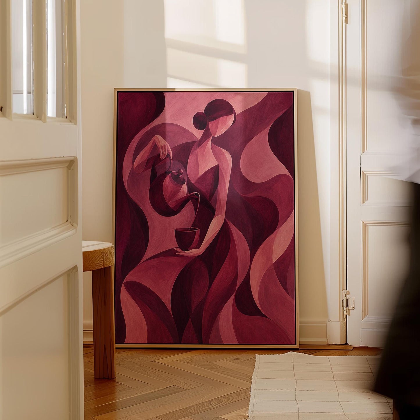 Woman pouring tea in flowing burgundy deco style, canvas wall art on a quiet wall in a considered interior