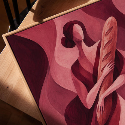 Woman holding baguette in burgundy deco style, canvas print in a warm, minimally styled interior