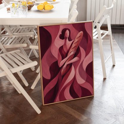 Woman holding baguette in burgundy deco style, canvas print styled against a soft white wall