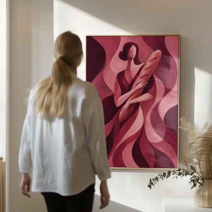 Woman holding baguette in burgundy deco style, canvas print on a quiet wall in a considered interior