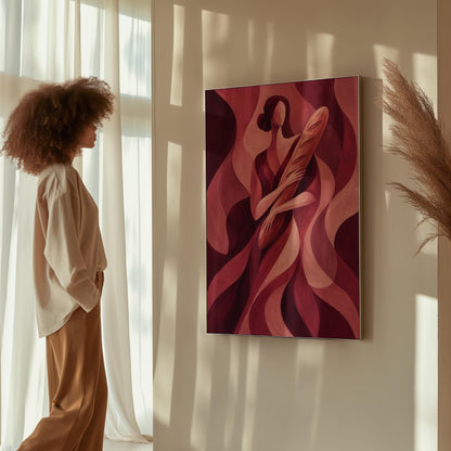 Woman holding baguette in burgundy deco style, canvas print shown to scale in a furnished room
