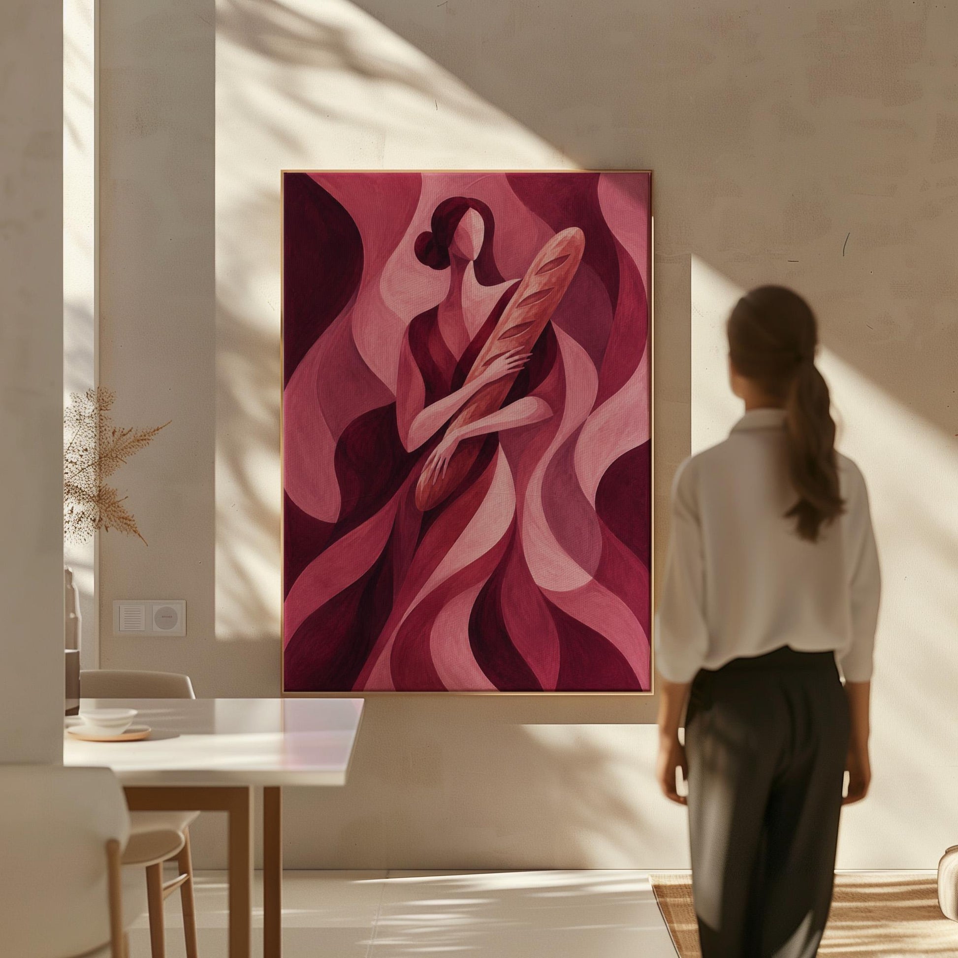 Woman holding baguette in burgundy deco style, canvas wall art hanging in a calm, modern living space