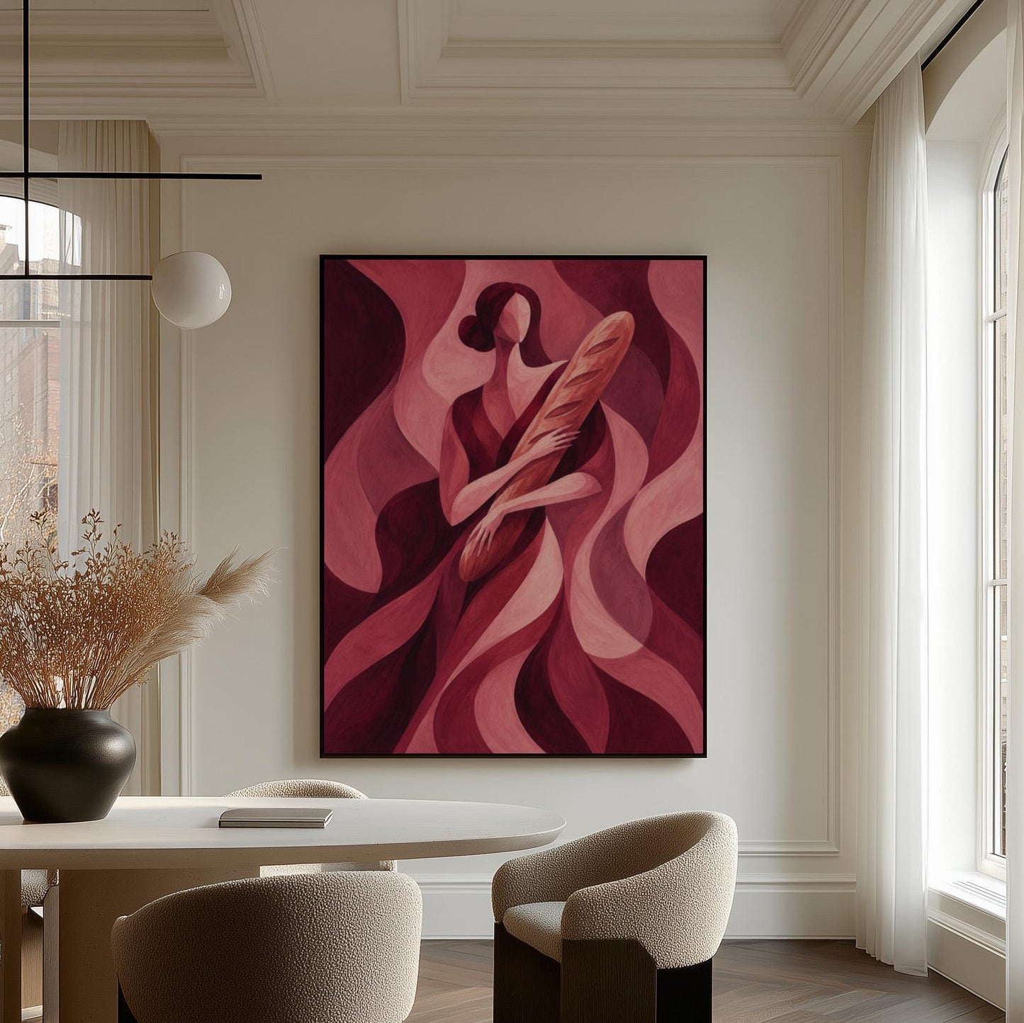 Woman holding baguette in burgundy deco style, canvas wall art styled against a soft white wall