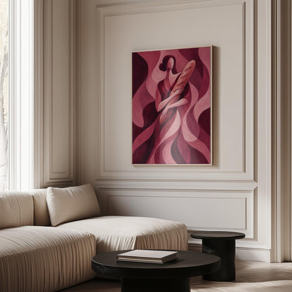 Woman holding baguette in burgundy deco style, canvas wall art presented in a light, minimal room