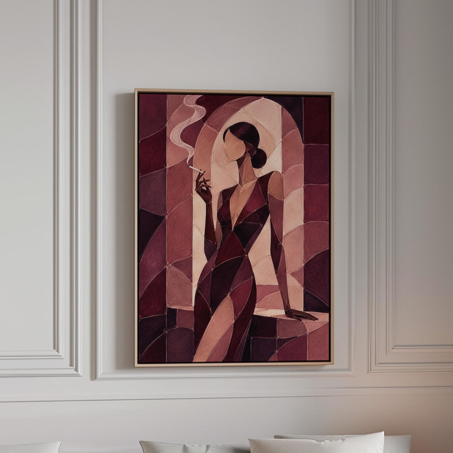 Woman smoking in cubist burgundy noir style, canvas print in a bright room with natural daylight
