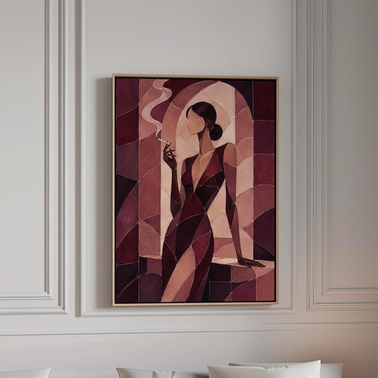 Woman smoking in cubist burgundy noir style, canvas print in a bright room with natural daylight