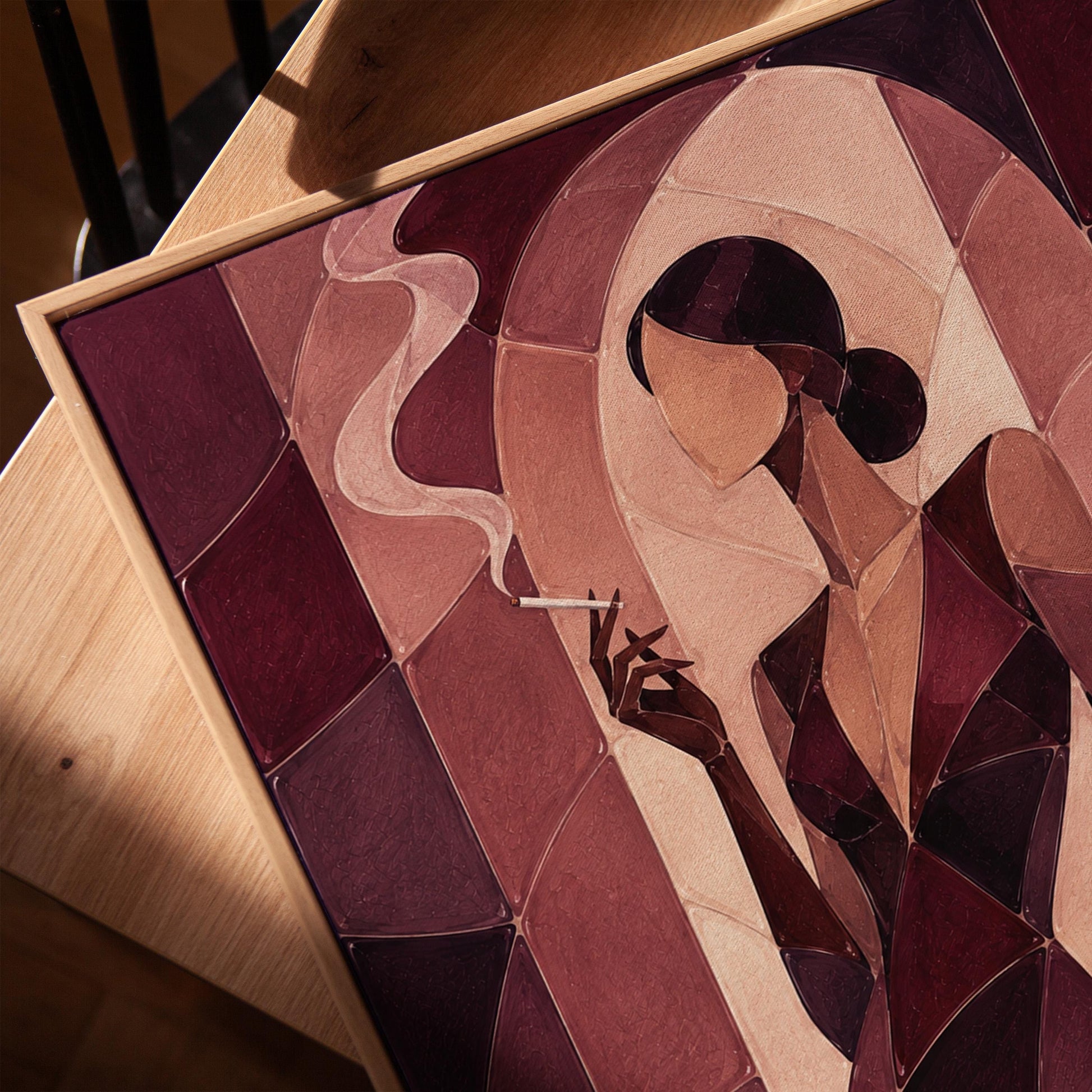 Woman smoking in cubist burgundy noir style, canvas print in a warm, minimally styled interior