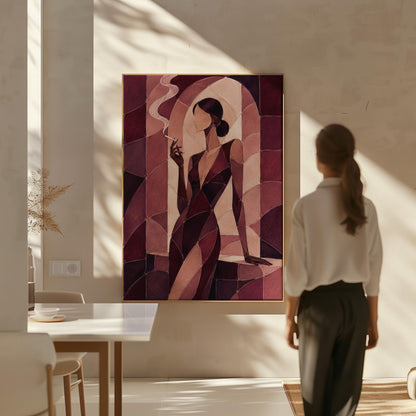 Woman smoking in cubist burgundy noir style, canvas print hanging in a calm, modern living space