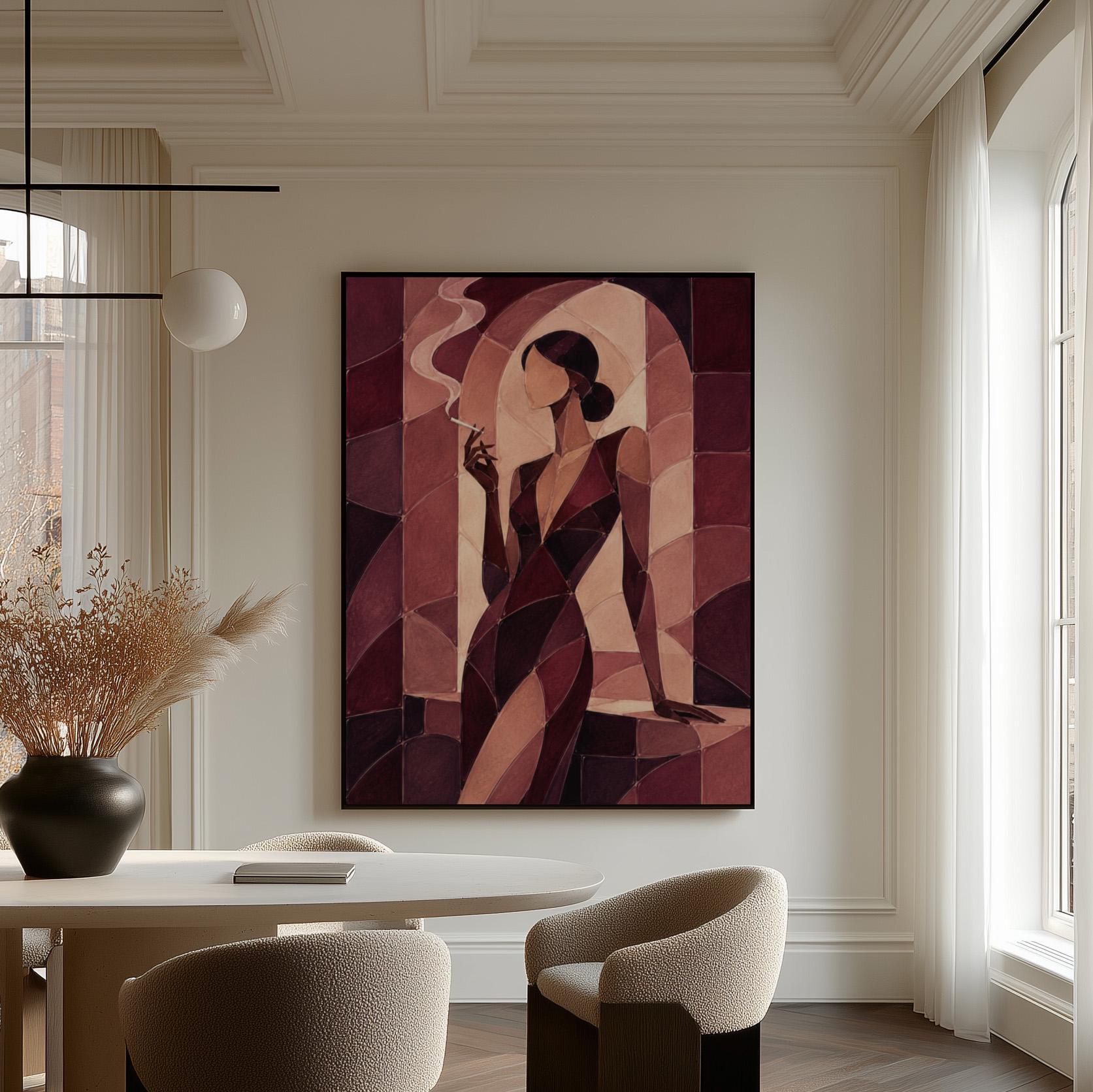 Woman smoking in cubist burgundy noir style, canvas print styled against a soft white wall