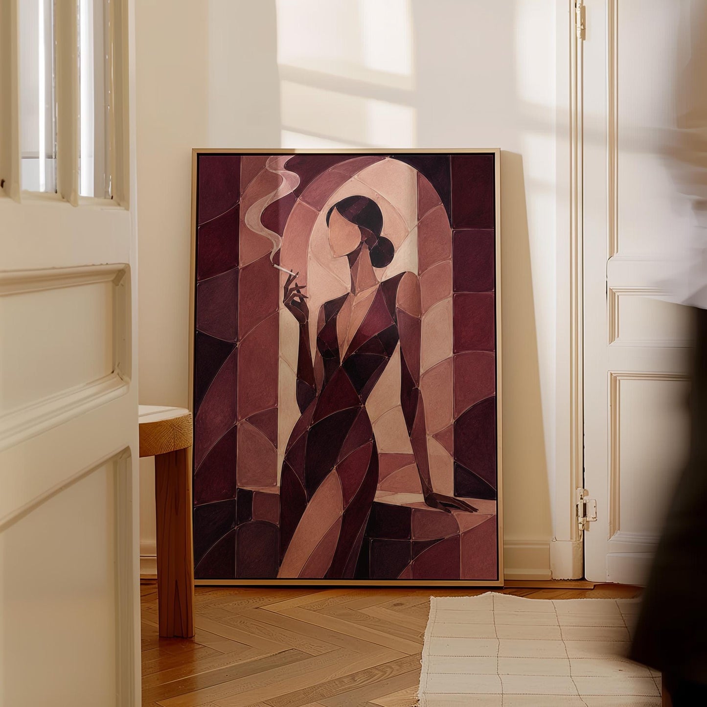 Woman smoking in cubist burgundy noir style, canvas print seen in a warm interior with natural light