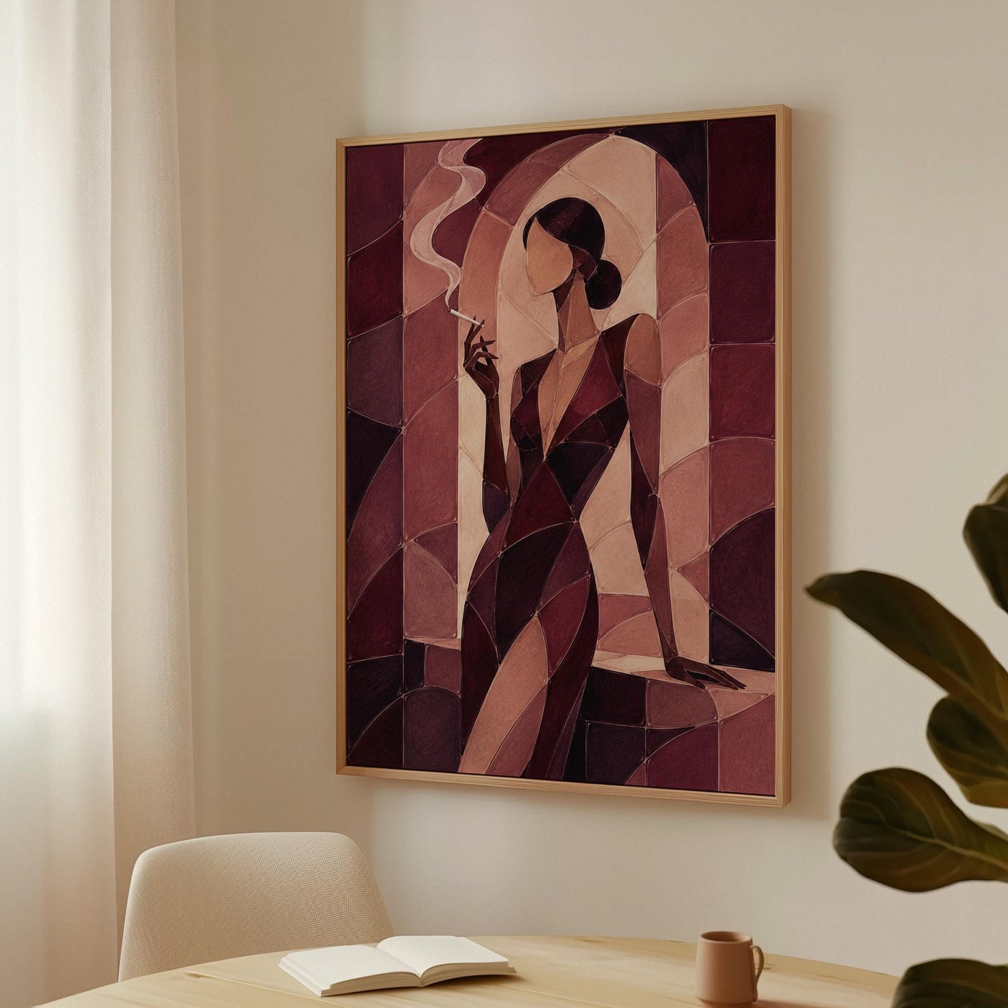 Woman smoking in cubist burgundy noir style, canvas print presented in a light, minimal room