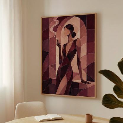 Woman smoking in cubist burgundy noir style, canvas print presented in a light, minimal room