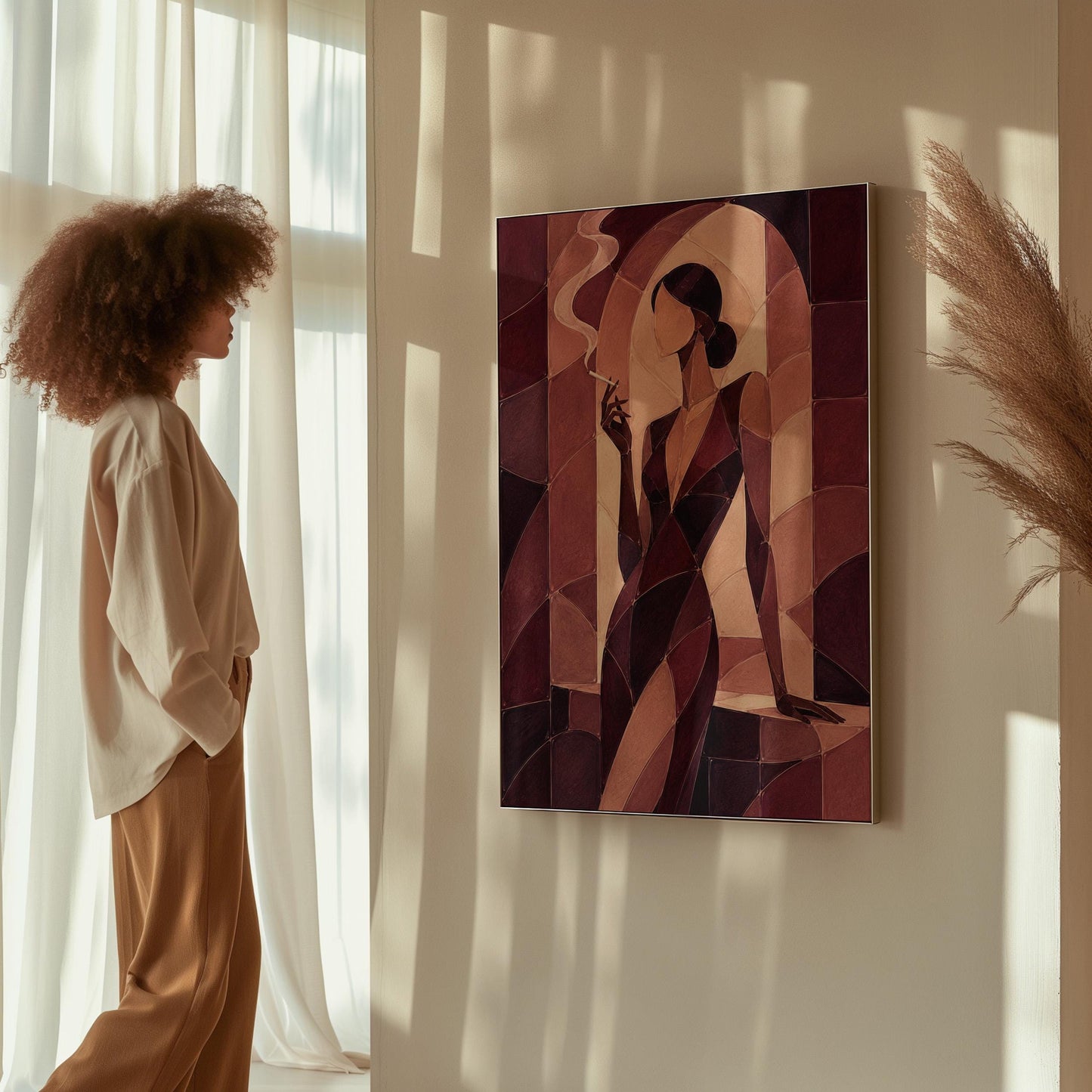 Woman smoking in cubist burgundy noir style, canvas print shown in a sunlit, contemporary room