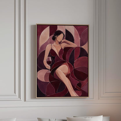 Woman lounging with wine glass in burgundy deco, canvas print in a bright room with natural daylight