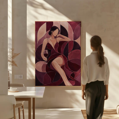 Woman lounging with wine glass in burgundy deco, canvas print seen in a warm interior with natural light