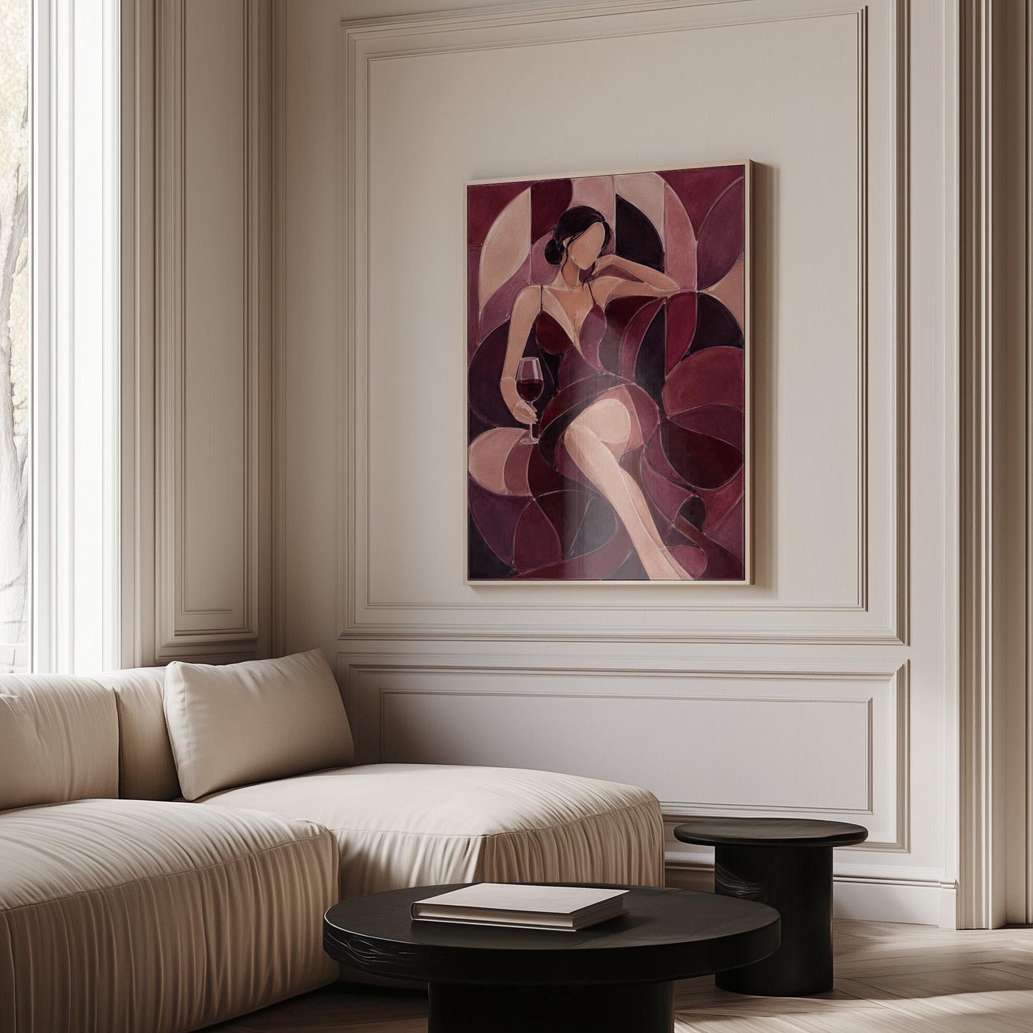 Woman lounging with wine glass in burgundy deco, canvas print shown to scale in a furnished room
