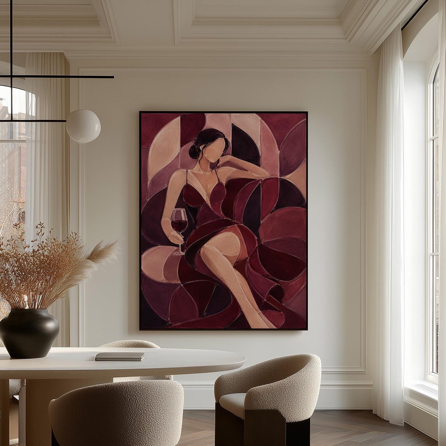 Woman lounging with wine glass in burgundy deco, canvas print displayed on a neutral wall in a styled interior