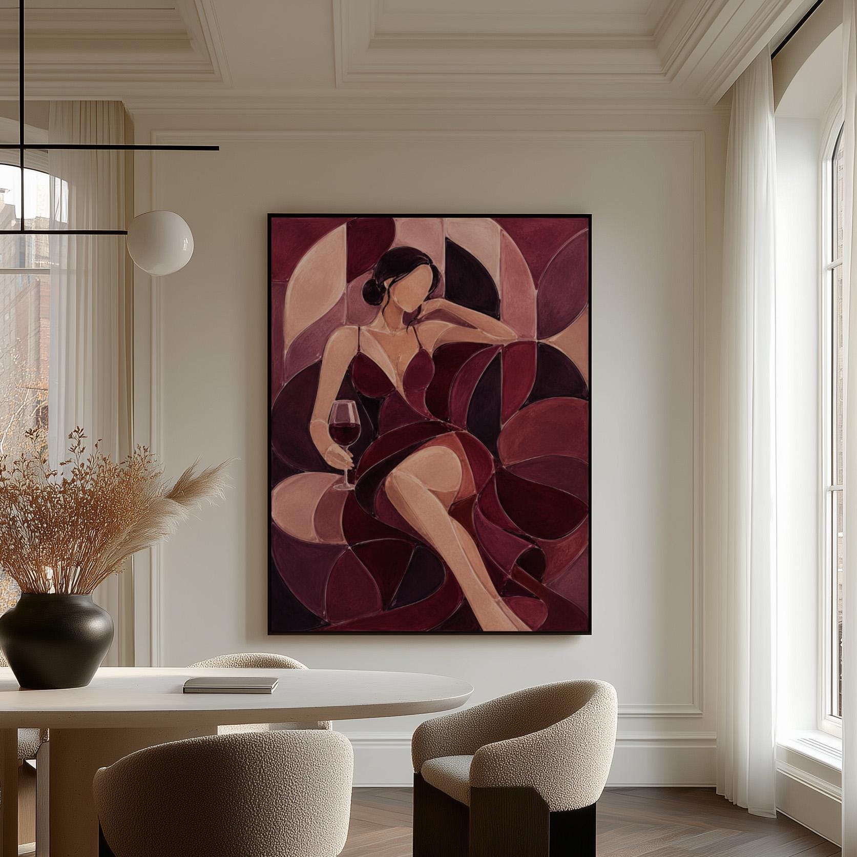 Woman lounging with wine glass in burgundy deco, canvas print displayed on a neutral wall in a styled interior