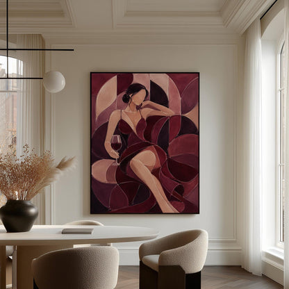 Woman lounging with wine glass in burgundy deco, canvas print displayed on a neutral wall in a styled interior