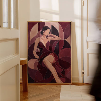 Woman lounging with wine glass in burgundy deco, canvas wall art presented in a light, minimal room