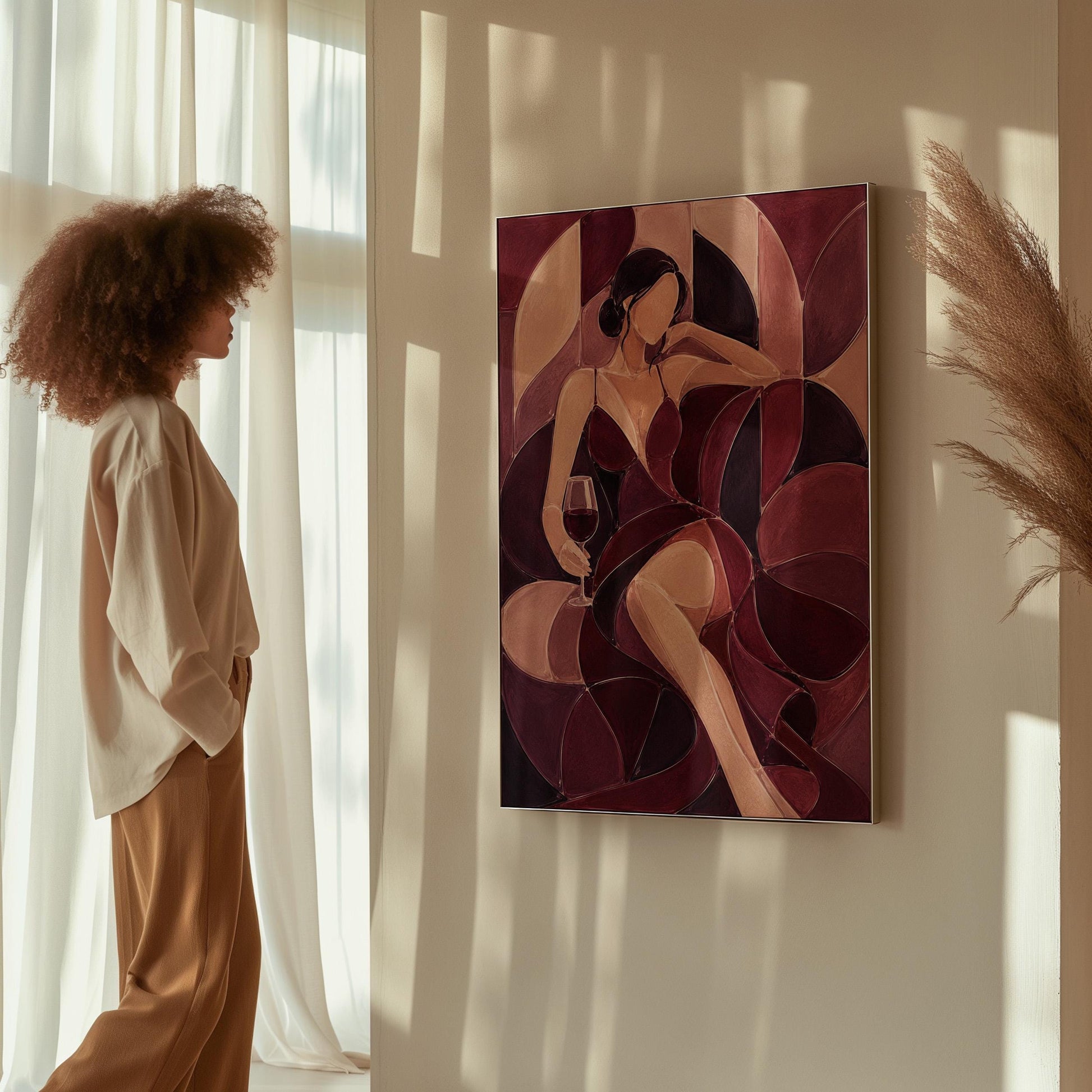 Woman lounging with wine glass in burgundy deco, canvas print on a quiet wall in a considered interior