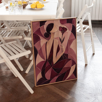 Woman holding poppies in cubist burgundy and cream, canvas print styled against a soft white wall