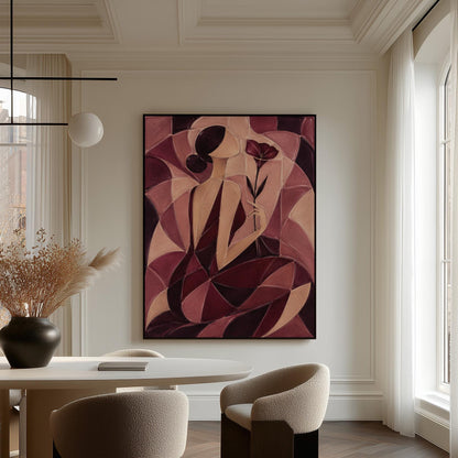 Woman holding poppies in cubist burgundy and cream, canvas print on a quiet wall in a considered interior