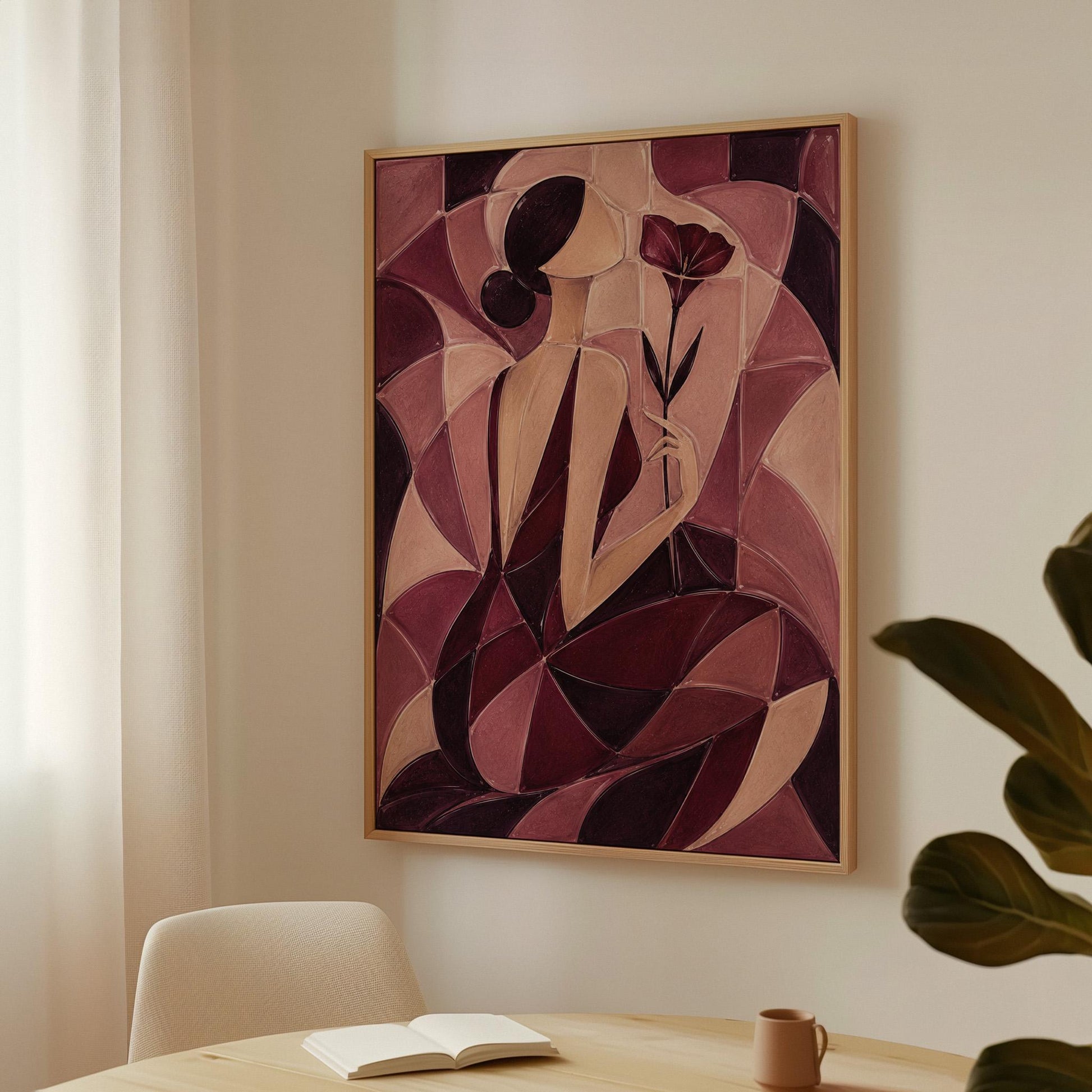 Woman holding poppies in cubist burgundy and cream, canvas print displayed on a neutral wall in a styled interior