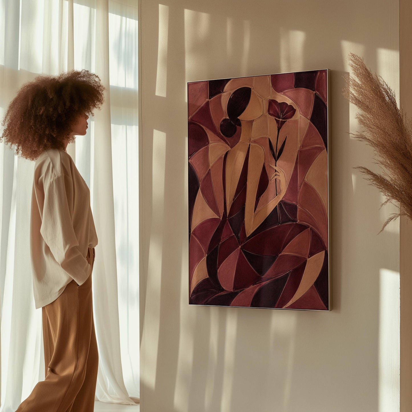 Woman holding poppies in cubist burgundy and cream, canvas wall art on a quiet wall in a considered interior