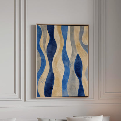 Vertical flowing wave bands in indigo and cream, canvas print in a bright room with natural daylight