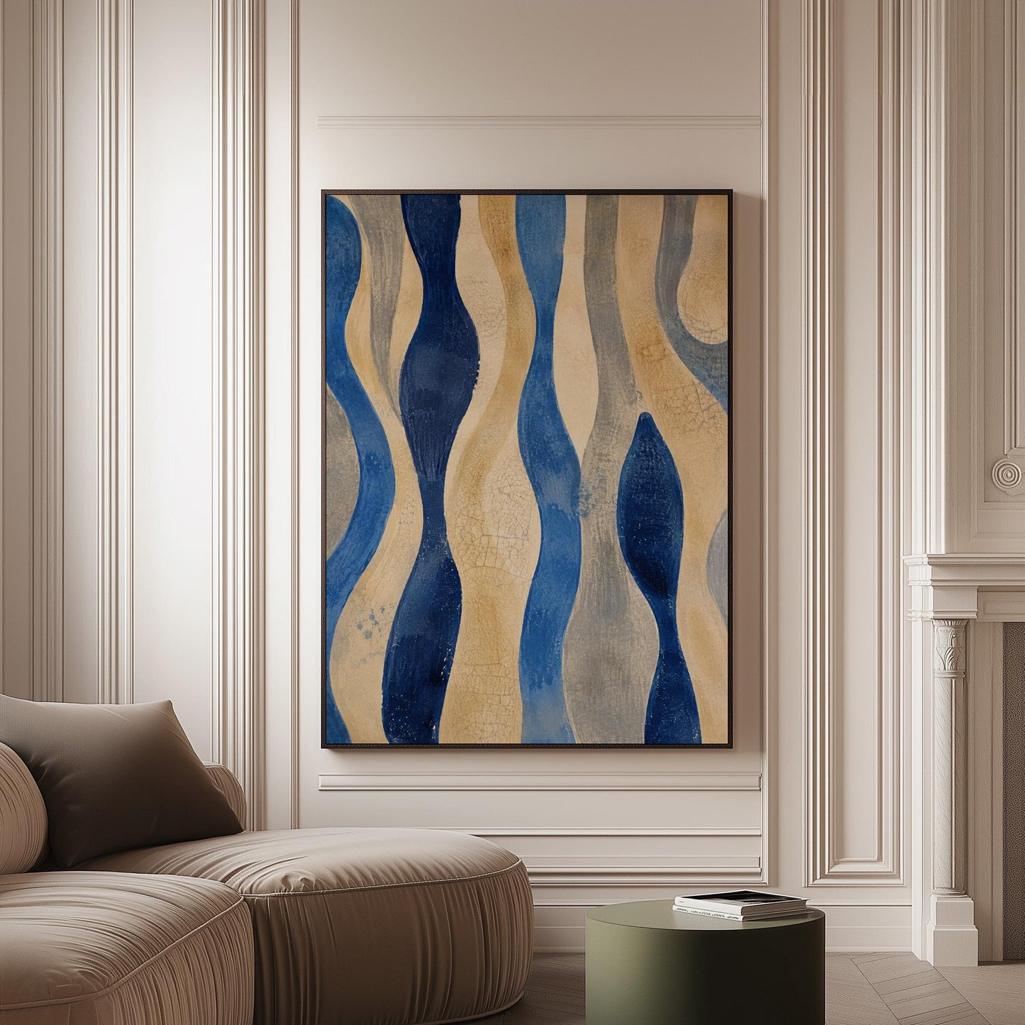 Vertical flowing wave bands in indigo and cream, canvas print on a softly lit wall in a calm interior