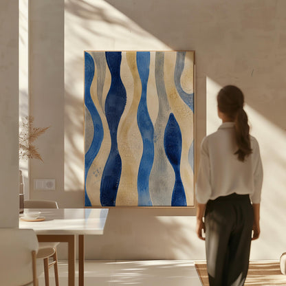Vertical flowing wave bands in indigo and cream, canvas print on a quiet wall in a considered interior
