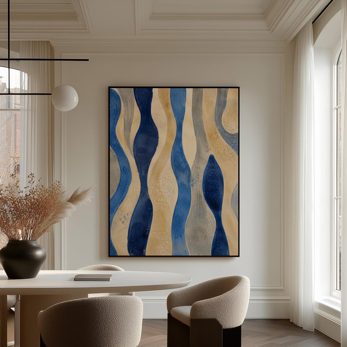 Vertical flowing wave bands in indigo and cream, canvas wall art styled against a soft white wall