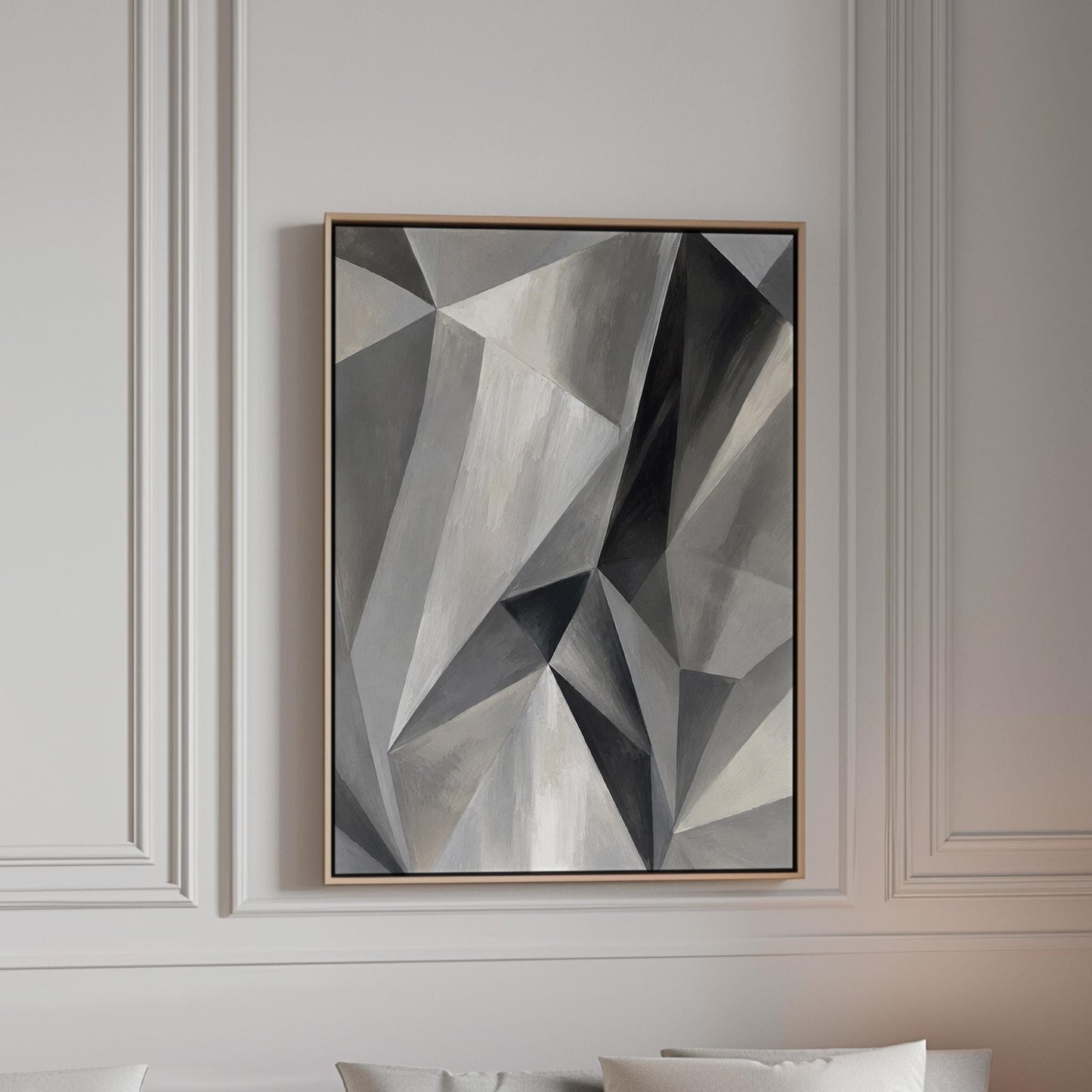 Angular graphite planes with sharp light play, canvas print in a bright room with natural daylight