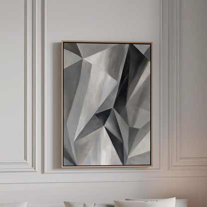 Angular graphite planes with sharp light play, canvas print in a bright room with natural daylight