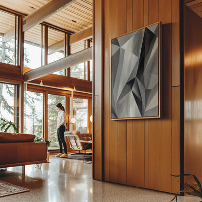 Angular graphite planes with sharp light play, canvas print presented in a light, minimal room