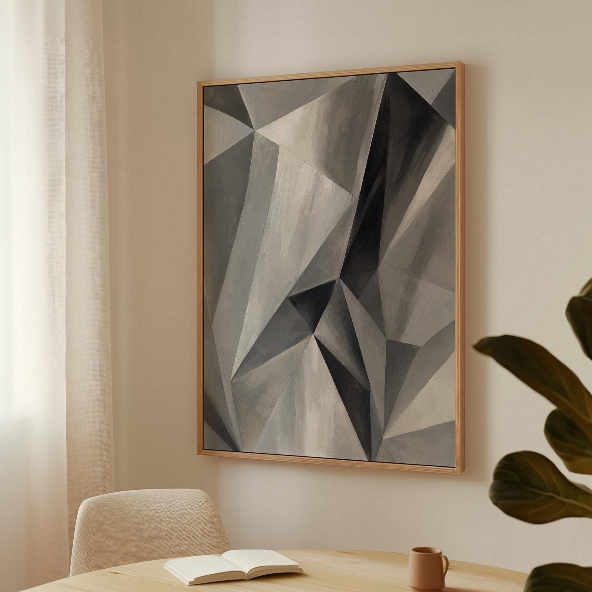 Angular graphite planes with sharp light play, canvas print shown in a sunlit, contemporary room