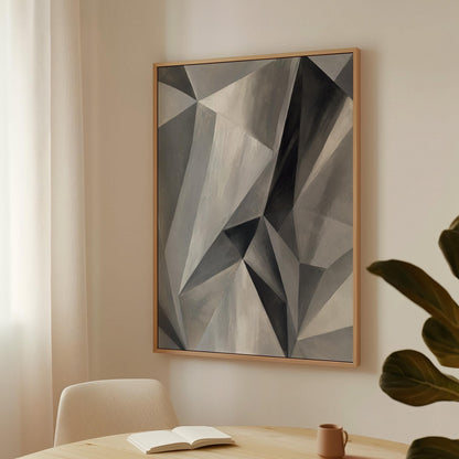 Angular graphite planes with sharp light play, canvas print shown in a sunlit, contemporary room