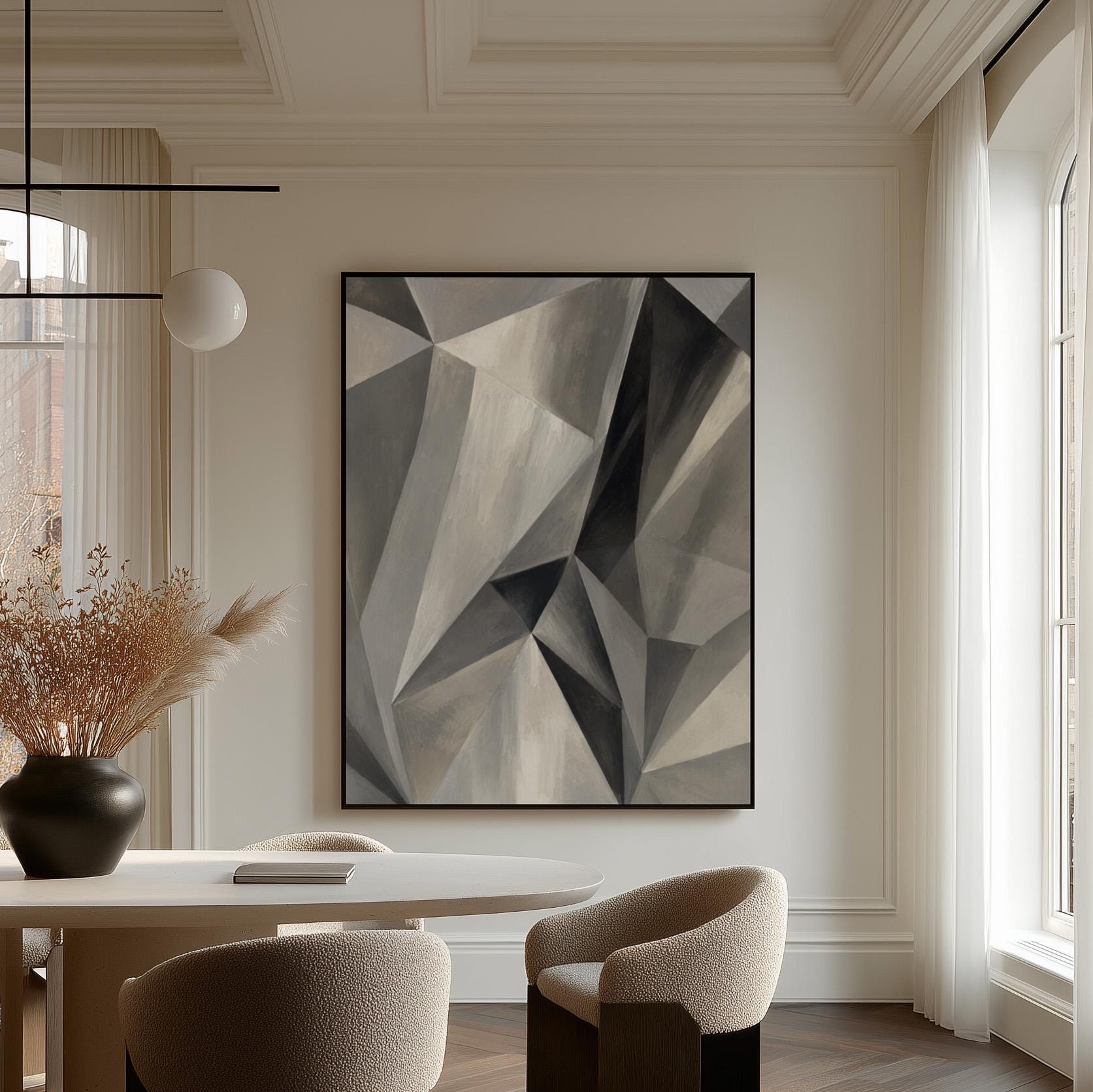 Angular graphite planes with sharp light play, canvas wall art on a quiet wall in a considered interior